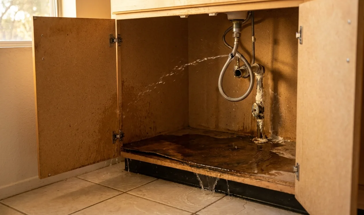 Split braided supply line spraying water inside a kitchen sink cabinet onto a tile floor