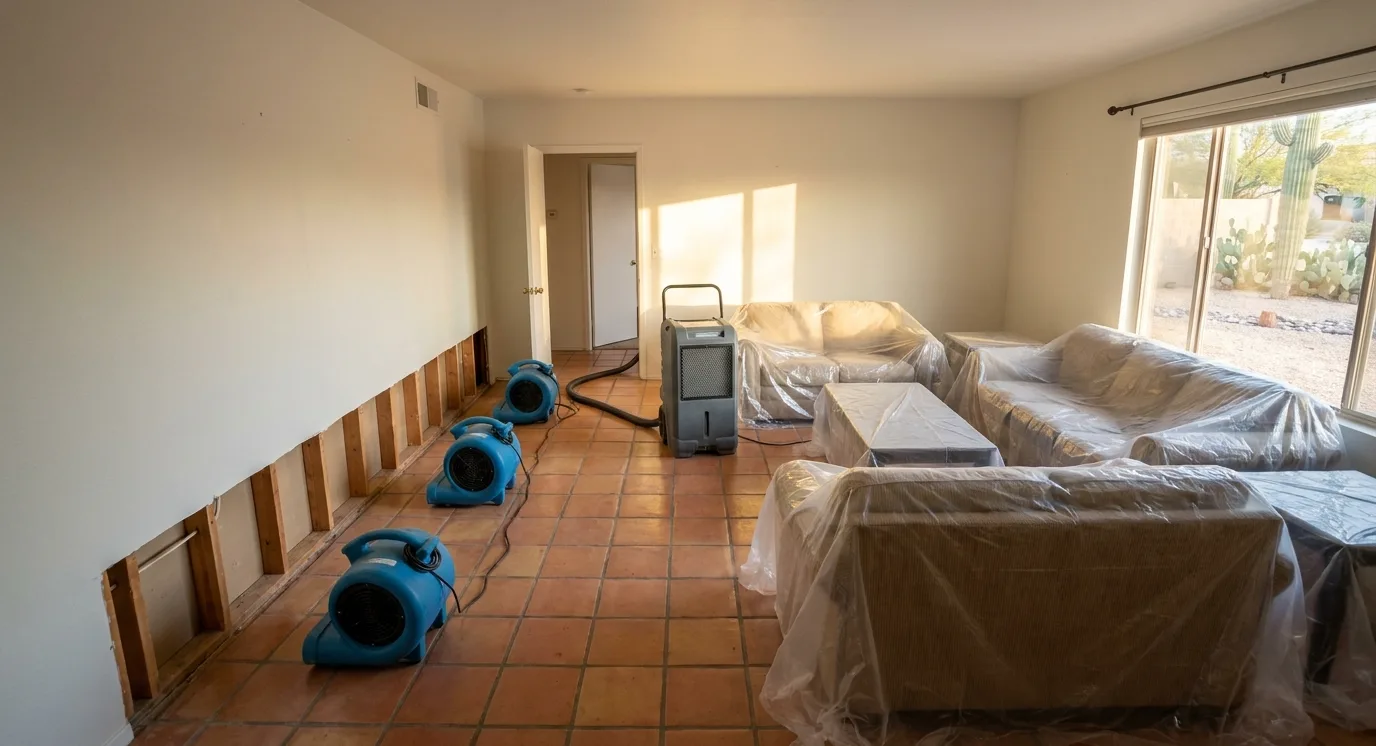 Living room mid dry-out with a flood cut along the wall, air movers and a dehumidifier